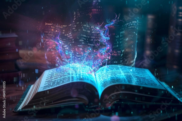 Fototapeta An open book with holographic text and images rising from the pages. 