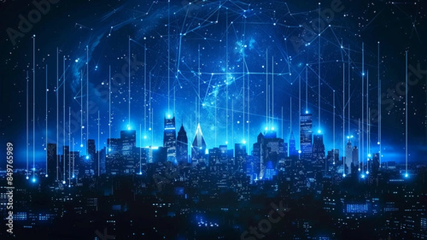 Fototapeta communication and network connection concept, a city skyline with jumping network lines illustated.generative ai