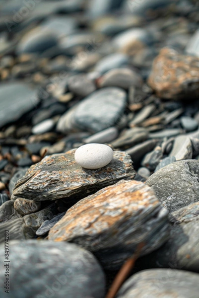 Fototapeta A single, perfectly round pebble among jagged rocks 