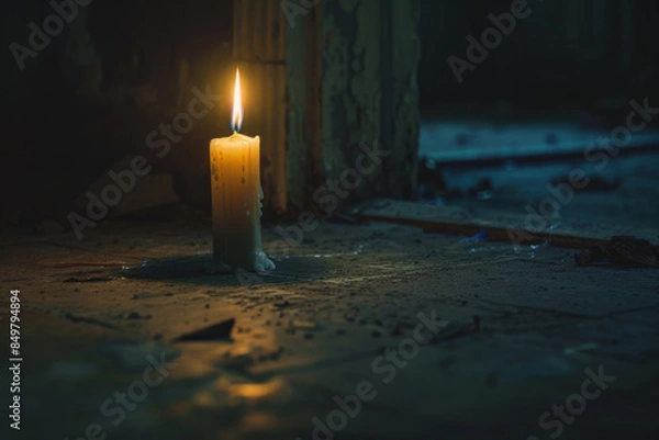 Fototapeta A lone candle illuminating a dark room. 