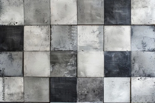 Fototapeta Background of a modern concrete wall showing a checkered pattern of gray shades, ideal for architecture and construction concepts