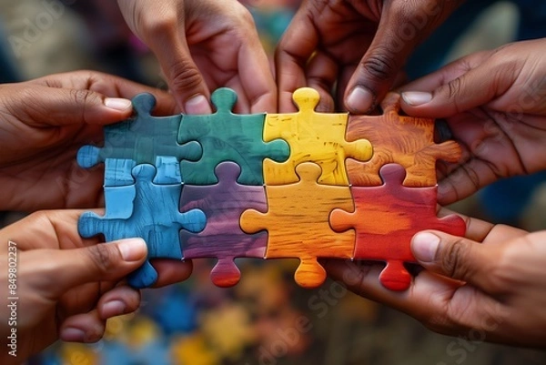 Fototapeta Diverse hands collaborating to assemble puzzle pieces, symbolizing teamwork and shared goal achievement