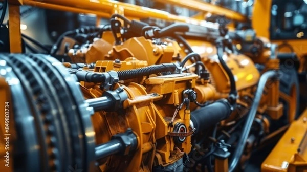 Fototapeta A detailed macro shot of engine components, focusing on their complex design and precision manufacturing