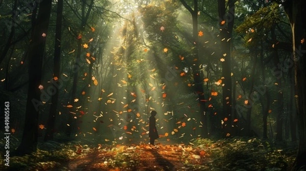 Fototapeta Sunlight streams through the trees in a forest, illuminating the scattering of red and yellow autumn leaves in the air