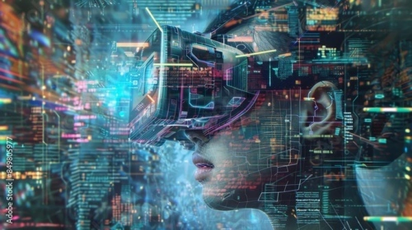 Obraz A person is immersed in a virtual reality world with glowing digital graphics and futuristic interface elements