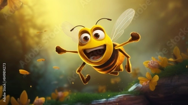 Obraz A cheerful 3D animated bee flies amidst a lush forest setting with magical lighting and flowers