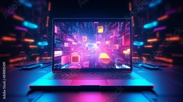 Obraz A laptop displays a captivating 3D digital tunnel effect with bright colors suggestive of high-speed data travel