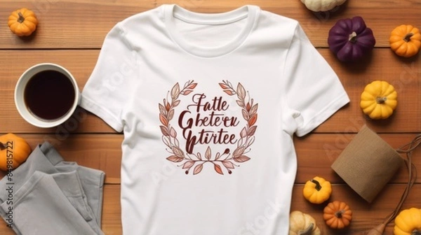 Fototapeta White t-shirt with a fall-themed quote encircled by leafy graphics on a wooden background