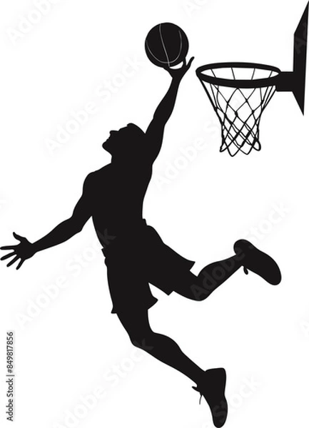 Fototapeta Black silhouette of a basketball player jumping block ball into the hoop
