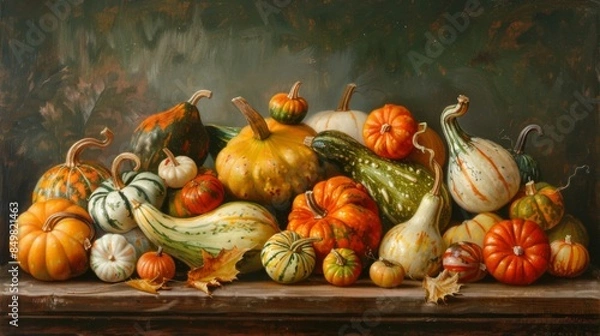 Obraz Realistic and warm-toned classical oil painting of assorted gourds on a wooden surface