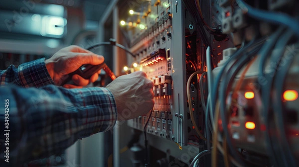 Fototapeta Electricity and electrical maintenance service, Engineer hand holding AC voltmeter checking electric current voltage at circuit breaker terminal and cable wiring main power distribution board