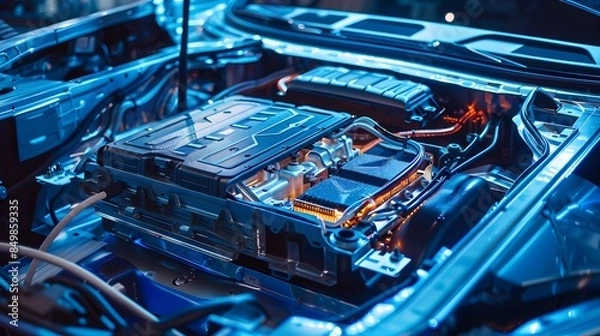 Obraz Solid-state battery pack design for electric vehicle (EV) concept, new research and development batteries with solid electrolyte energy storage for future car industry, 3d Illustration