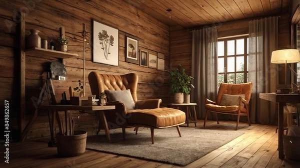 Obraz A cozy, rustic living room with wooden walls, floor, and ceiling. The room features a large window with sheer curtains, comfortable leather armchair. Plants and decorative items
