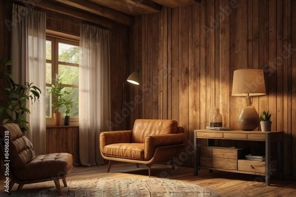 Obraz A cozy, rustic living room with wooden walls, floor, and ceiling. The room features a large window with sheer curtains, comfortable leather armchair. Plants and decorative items