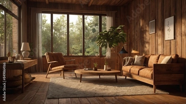 Obraz Cozy Living Room with Wooden Interior , featuring a large window. The room is furnished with a brown leather sofa, a wooden coffee table, and an armchair. There are plants and decorative items.
