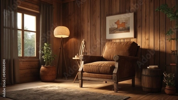 Obraz A cozy, rustic living room with wooden walls, floor, and ceiling. The room features a large window with sheer curtains, comfortable leather armchair. Plants and decorative items