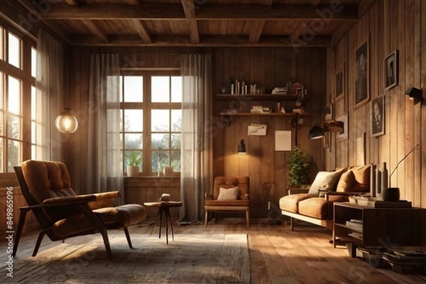 Obraz A cozy, rustic living room with wooden walls, floor, and ceiling. The room features a large window with sheer curtains, comfortable leather armchair. Plants and decorative items