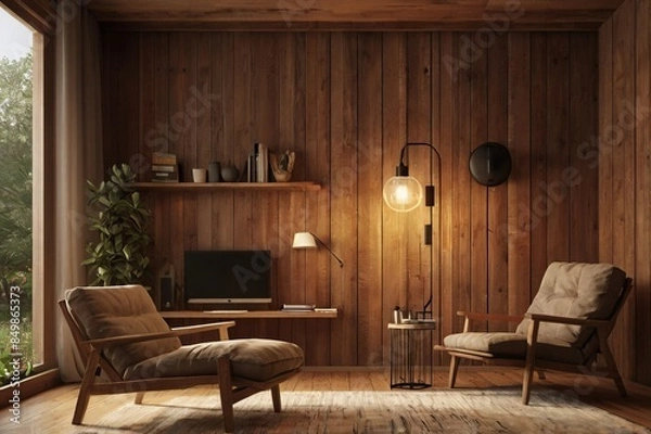 Obraz A cozy, rustic living room with wooden walls, floor, and ceiling. The room features a large window with sheer curtains, comfortable leather armchair. Plants and decorative items
