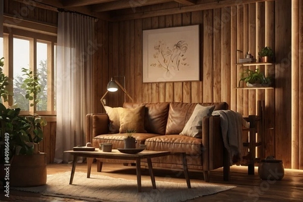 Obraz Cozy Living Room with Wooden Interior , featuring a large window. The room is furnished with a brown leather sofa, a wooden coffee table, and an armchair. There are plants and decorative items.