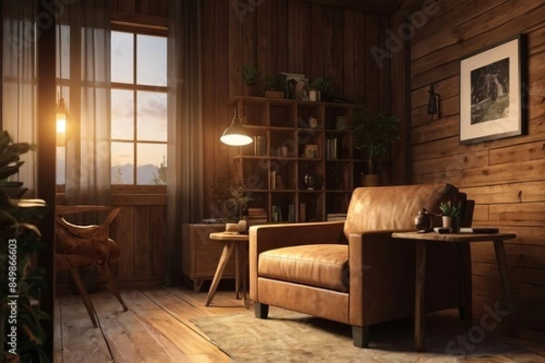 Obraz Cozy Living Room with Wooden Interior , featuring a large window. The room is furnished with a brown leather sofa, a wooden coffee table, and an armchair. There are plants and decorative items.