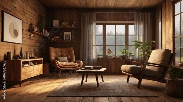 Obraz A cozy, rustic living room with wooden walls, floor, and ceiling. The room features a large window with sheer curtains, comfortable leather armchair, a wooden coffee table. Plants and decorative items