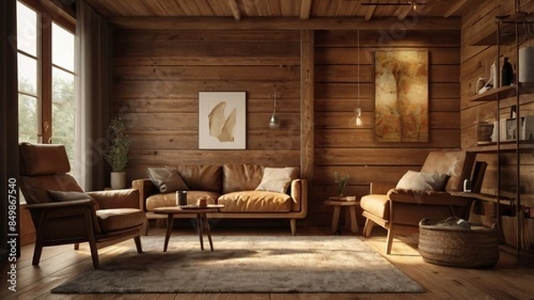 Obraz Cozy Living Room with Wooden Interior , featuring a large window. The room is furnished with a brown leather sofa, a wooden coffee table, and an armchair. There are plants and decorative items.