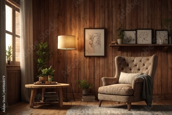 Obraz A cozy, rustic living room with wooden walls, floor, and ceiling. The room features a large window with sheer curtains, comfortable leather armchair, a wooden coffee table. Plants and decorative items