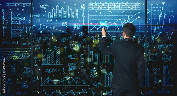 Obraz Rysunek biznesmen z tłem statystyki