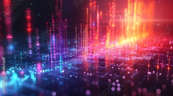 Fototapeta Vibrant Digital Display of Financial Data and Market Trends with Colorful Lines and Bar Charts