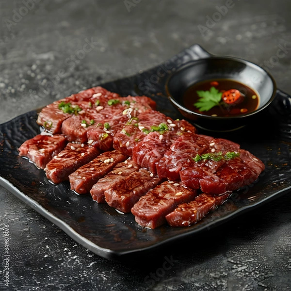 Obraz A serving of juicy and tender beef yakiniku with vegetables