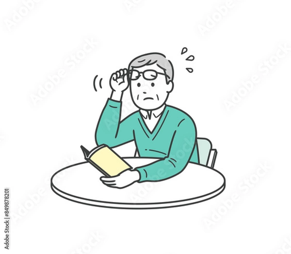 Fototapeta 老眼鏡の度が合わず本が見づらく困っている高齢男性イラスト
