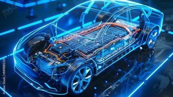 Obraz Solid-state battery pack design for electric vehicle (EV) concept, new research and development batteries with solid electrolyte energy storage for future car industry, 3d Illustration