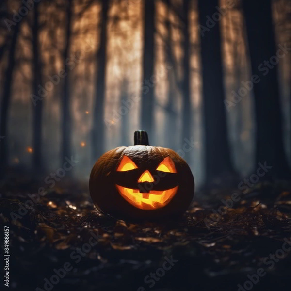 Fototapeta Jack-o-Lantern in a Dark Forest at Night