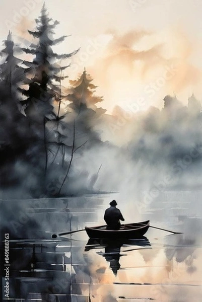 Obraz 안개낀호수에서 낚시하는 사람