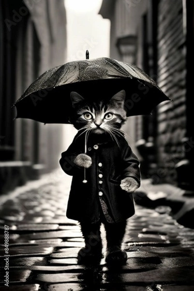 Obraz 골목길에서 비속에 우산쓰고 잇는 고양이
