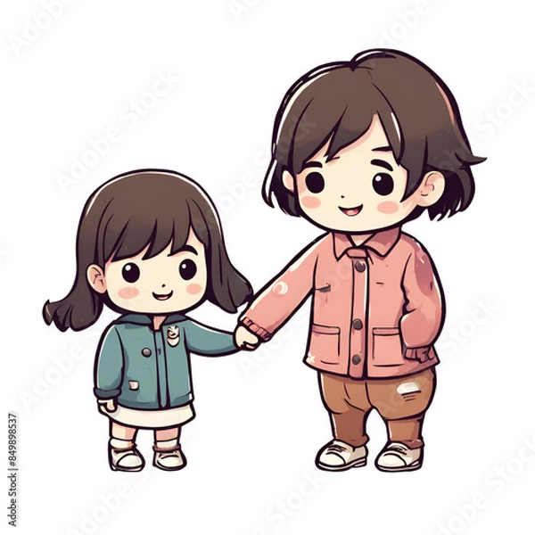 Fototapeta Cartoon illustration of two little sisters holding hands, radiating warmth and affection, showcasing their sibling bond and shared moments in a heartwarming and cute scene.