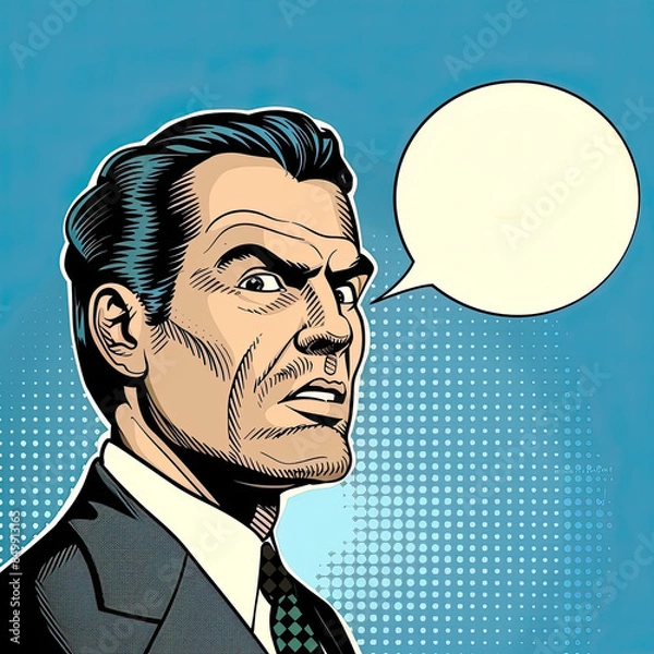 Obraz Man in suit with serious look, retro comic style, halftone blue background, empty speech bubble.