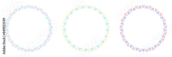 Fototapeta 手書きの三角模様の円形フレームセット、水彩の夏カラー