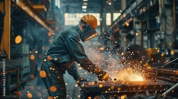 Fototapeta A factory worker caught in malfunctioning machinery, with sparks flying, in a realistic industrial setting, highlighting the danger of machinery accidents.