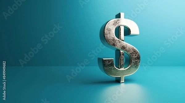 Obraz Digital 3D dollar symbol with a metallic finish, placed on a blue flat background, clean and sharp, with a designated text area included