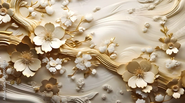 Obraz The item features a luxurious gold texture with a floral pattern, incorporating Japanese icons and decoration elements. 