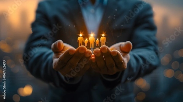 Fototapeta A man is holding a group of people in his hands, with the people being lit candles. Concept of warmth and togetherness, as the man is holding the group of people close to him