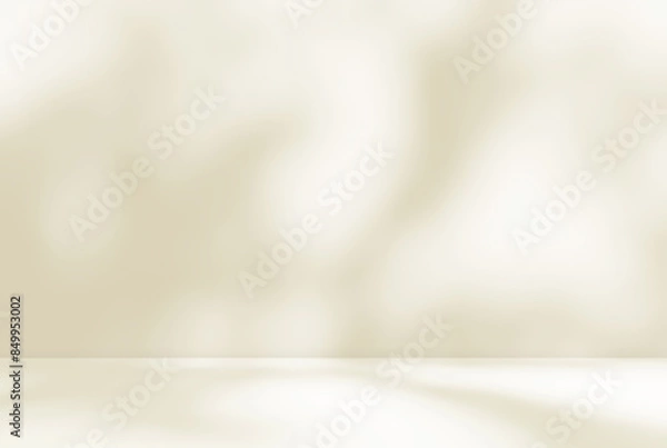 Fototapeta Empty cream beige room studio with shadow of leaves for product presentation. Autumn background. Summer tropical backdrop. Cosmetic showroom.	