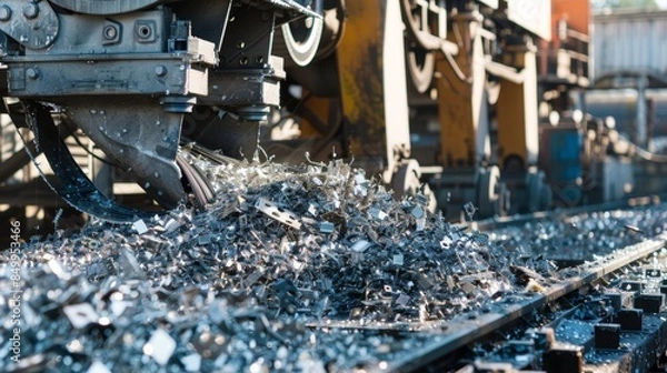 Fototapeta A large machine crushes old solar panels into smaller pieces making it easier to recycle.