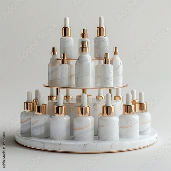 Fototapeta Luxurious display stand with elegant white foam bottles, white background, aura of beauty and sophistication