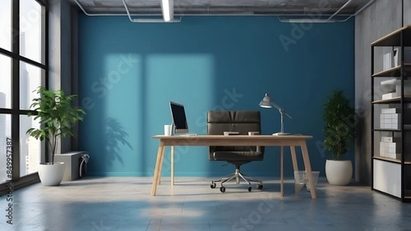 Obraz 3D Blue open space office corner with mock up wall, for your background.