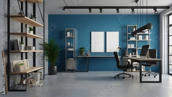 Obraz 3D Blue open space office corner with mock up wall, for your background.