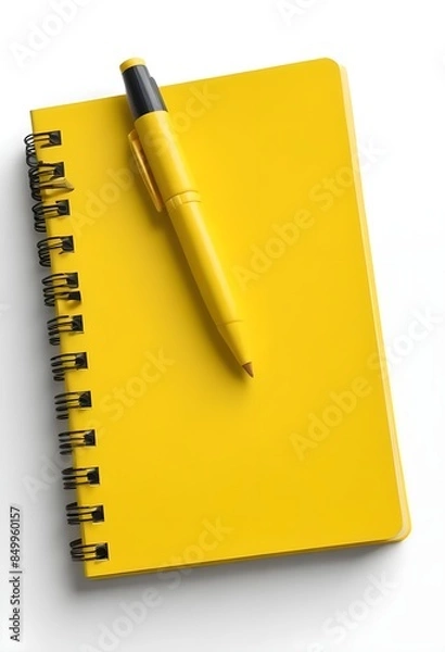 Fototapeta A yellow spiral notebook with a yellow pen on a white background