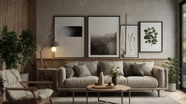 Obraz A modern living room with a sofa, wooden coffee table, and minimalist decor. The room features framed art pieces on the wall, a lamp, a potted plant.