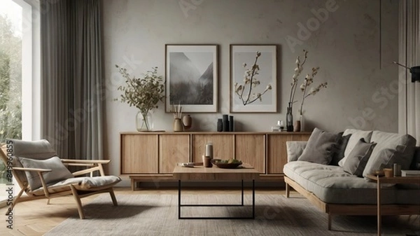 Obraz A modern living room with minimalist decor, featuring a wooden coffee table, a sofa with neutral-colored cushions, a wooden armchair, and a sideboard with decorative items and framed art on the wall.